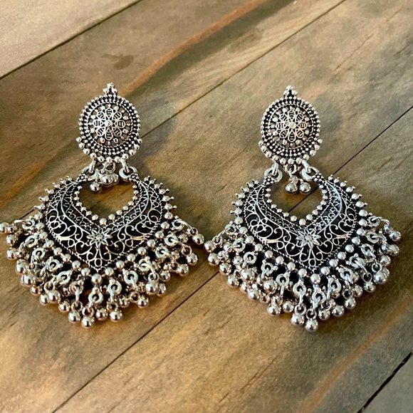 Round Ball Tassel Drop Festival Silver tone, Boho Hippie, Ethnic, Club Earrings - Picture 2 of 9